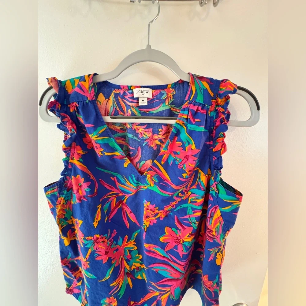 J Crew Bright blue and pink Tropical Floral Ruffle Sleeve cotton Top - Medium